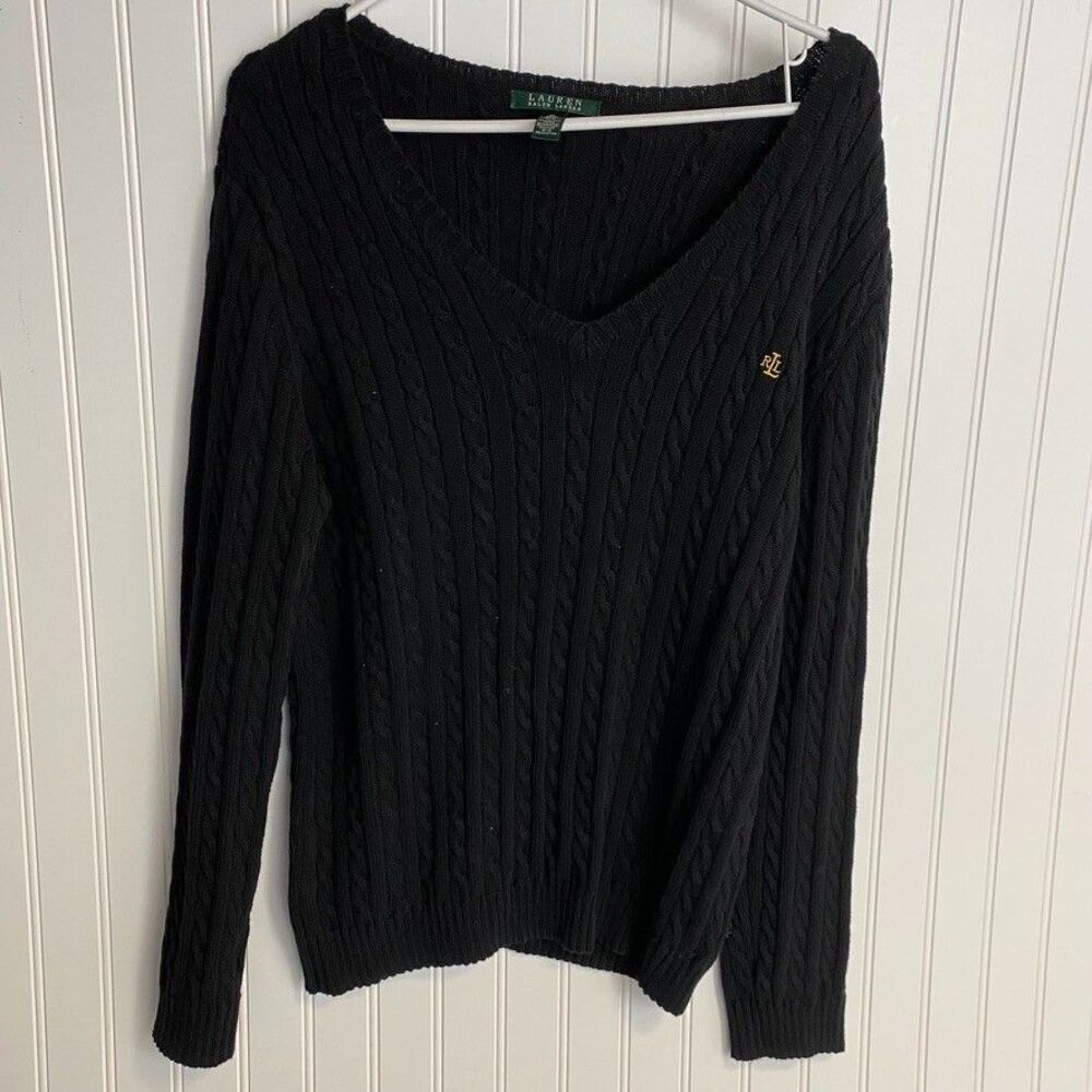 Ralph Lauren Sweater Womens XL Gold Pony Aran Cable Knit V Neck Pullover Preppy